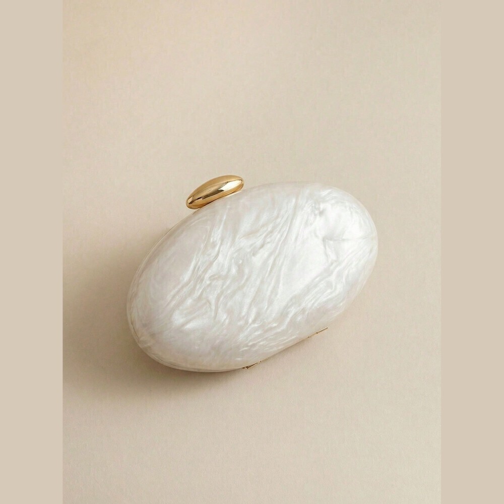 Ivory Pearlescent Marbled Oval Hardshell Clutch